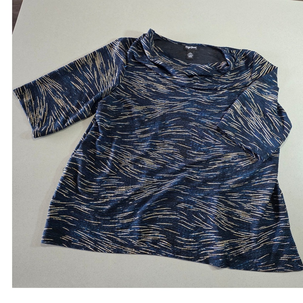 Maggie Barnes Womens 2X 22/24 Blue Gold Metallic Cowl Neck Elbow Sleeve Top